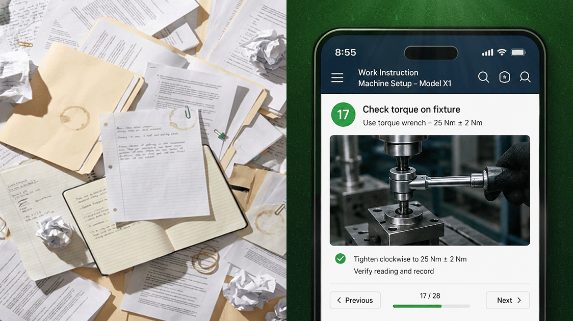 A side-by-side comparison of disorganized, paper-based manual work instructions and a digital, mobile-friendly example of manufacturing work instructions.