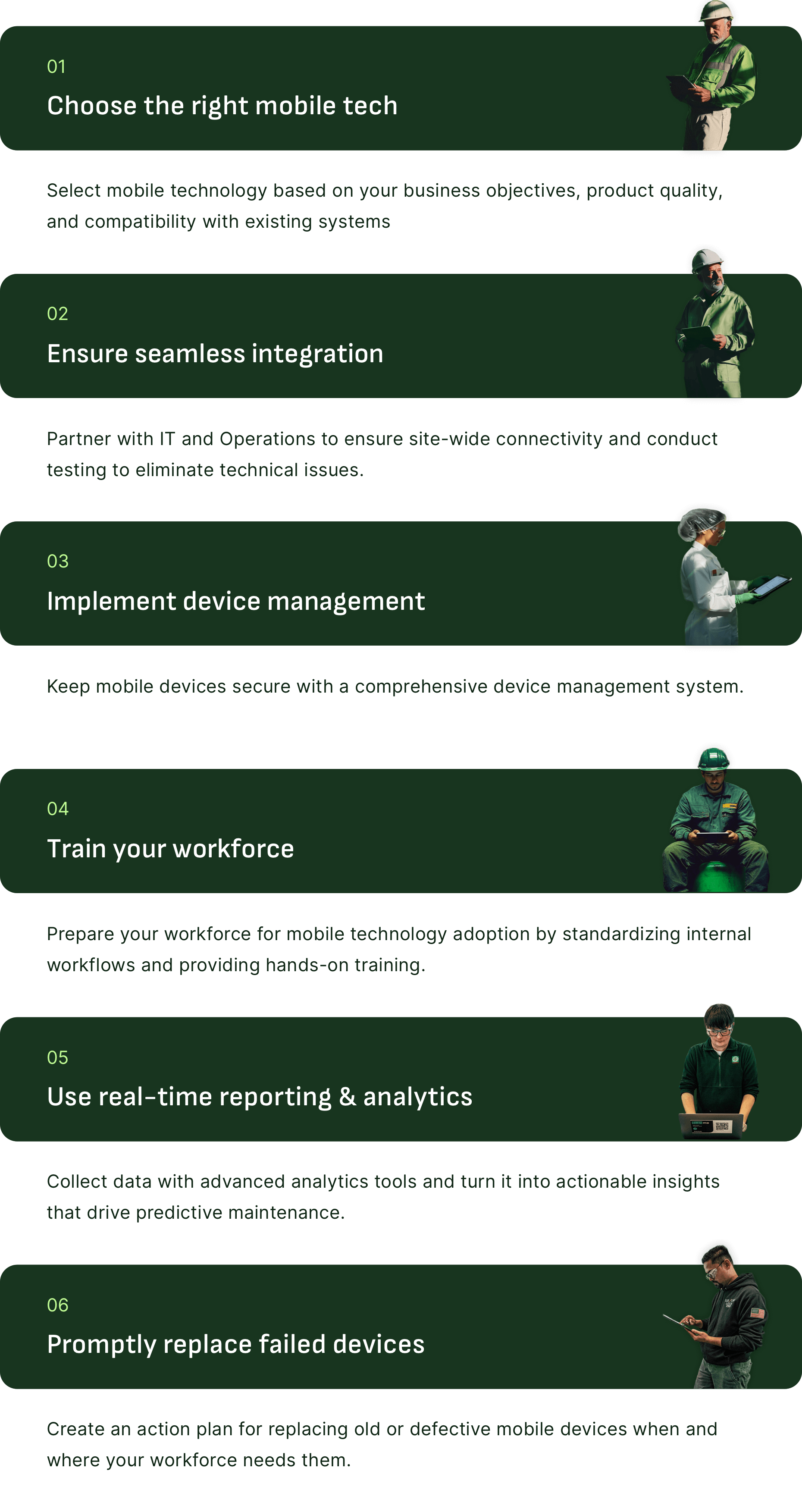 A list of 6 best practices for using and managing mobile devices in a manufacturing facility.