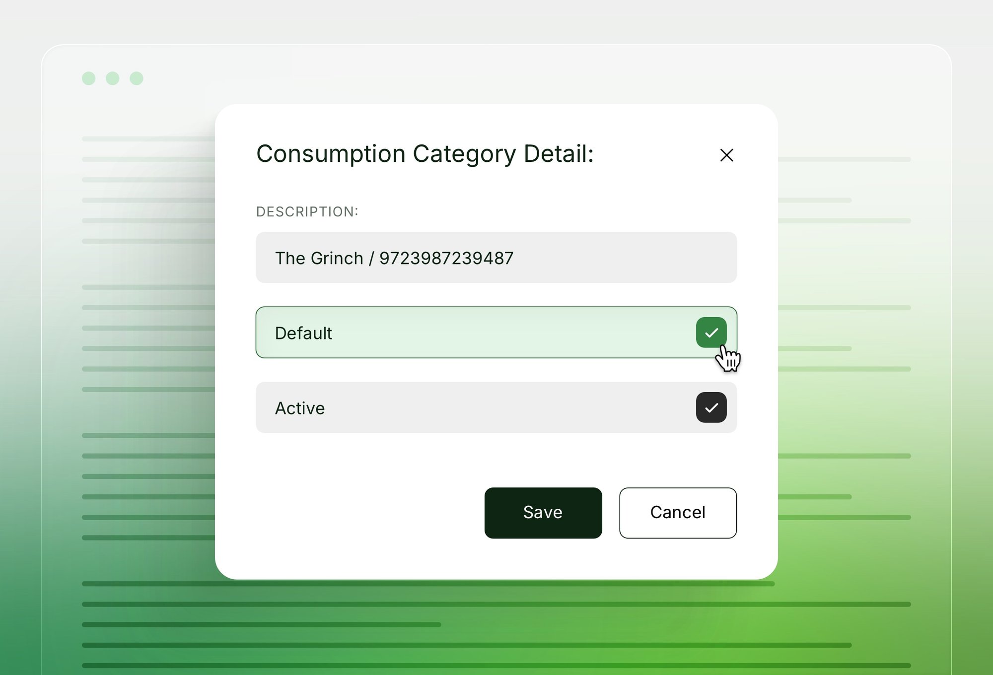 Consumption Categories setup