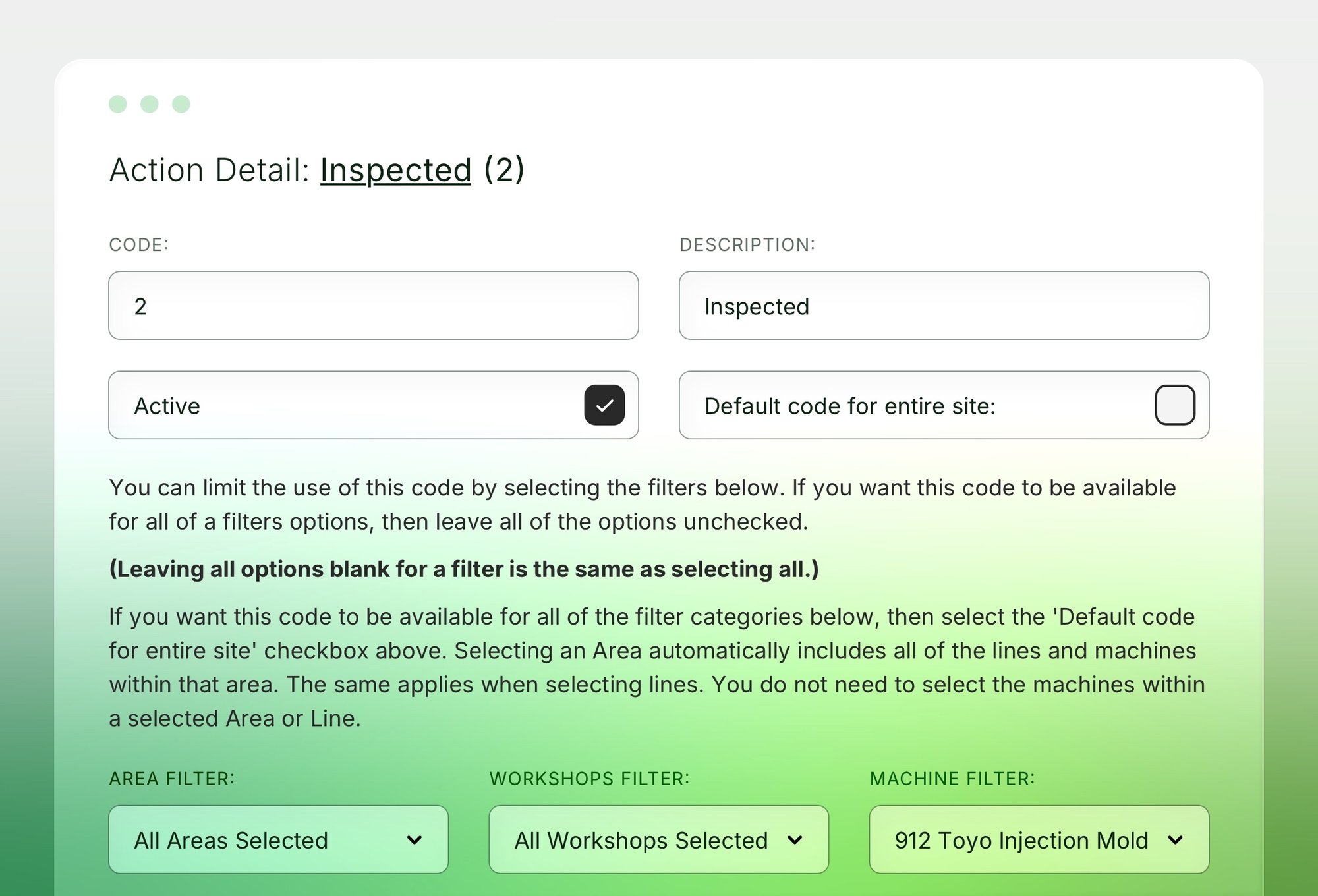 Reason codes Factory Notification System