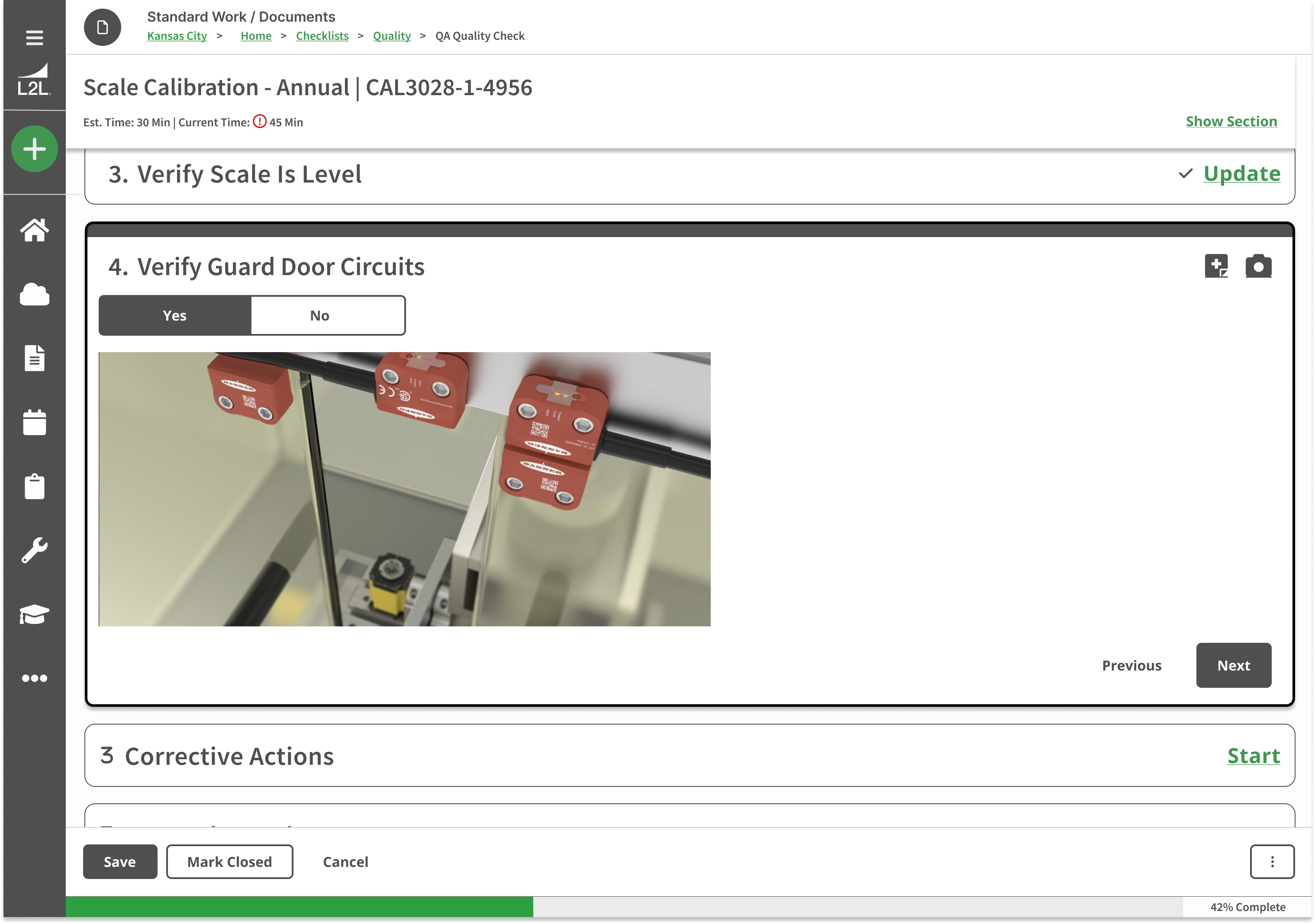 Screenshot of L2L displaying a quality assurance checklist